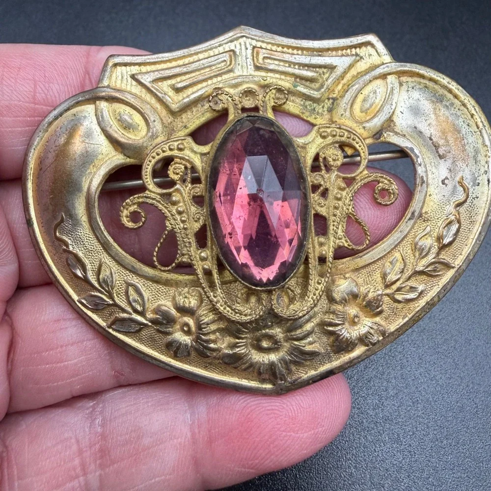 Vintage Sash Brooch Gold Tone Purple Glass Faceted Stone Edwardian Floral Large